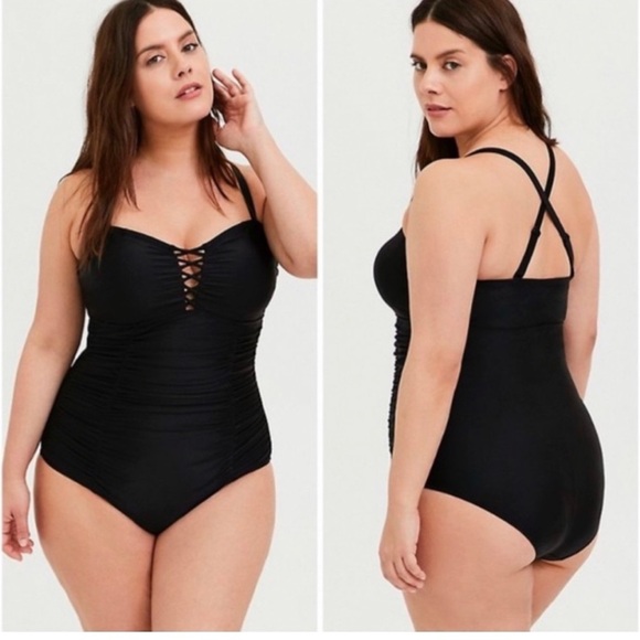 Torrid Swimsuit Lattice Front Cage - One Piece Ruched Retro Wireless za. - Picture 8 of 16